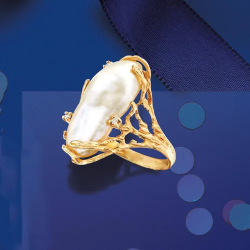 Vista 5 de Ross-Simons Anillo de perlas barrocas cultivadas de 0.394 x 0.945in con detalles de diamantes en oro amarillo de 14 quilates, Perla, multi
