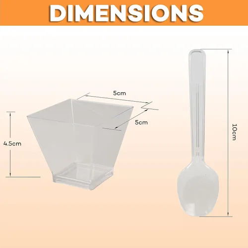 Vista 2 de Paquete de 100 mini tazas y cucharas cuadradas de postre de 3 onzas, tazas transparentes para parfait, aperitivo, pudín, pequeños vasos de plástico