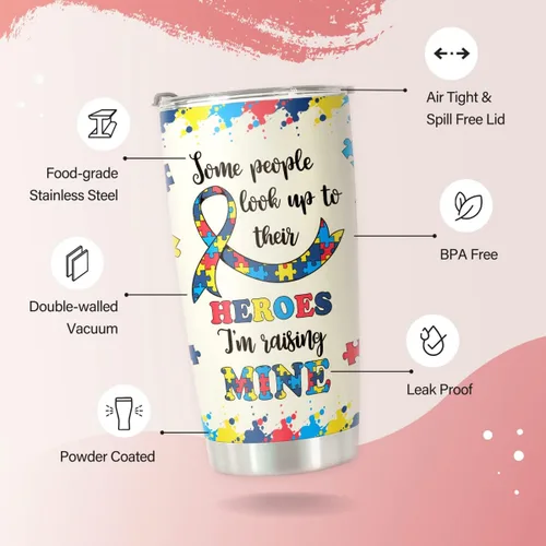 Vista 4 de Regalos para mamá autista, taza de viaje de conciencia sobre el autismo con popote para mamá, tazas de acero inoxidable para autismo de 20 onzas