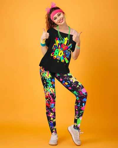 Vista 2 de 16 piezas de disfraces de los años 80, accesorios para mujer, camiseta, leggings, pantalones, guantes, aretes, collar, pulseras, conjuntos de bandas