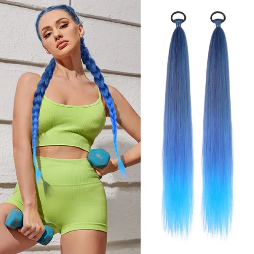 Vista 15 de Paquete de 2 extensiones de cola de caballo trenzada con lazo elástico, lacio, elegante envolvente, extensiones de cola de caballo de 26 pulgadas