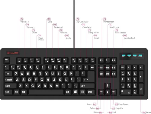 Vista 2 de Nueva impresión grande de 104 teclas USB con cable de 7 pies, resistente a derrames, negro elegante, teclado duradero para laptop, Mac, TV