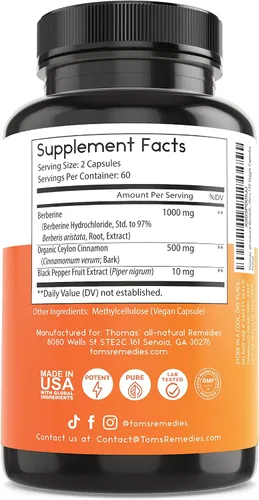 Vista 7 de Thomas' all-natural Remedies Berberine 1000 mg de apoyo metabólico - 120 cápsulas veganas con canela de Ceilán orgánica y pimienta negra Apoya
