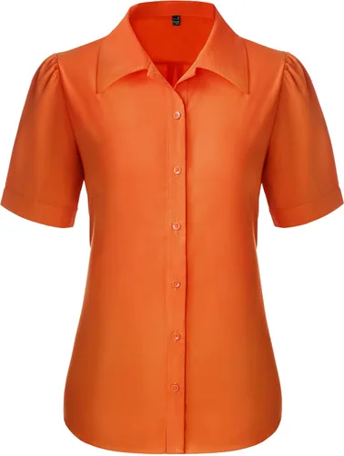 Vista 7 de Gleeivy Camisas de botones para mujer de manga corta abombada, camisas de vestir abotonadas con cuello ajustado, blusa superior de trabajo