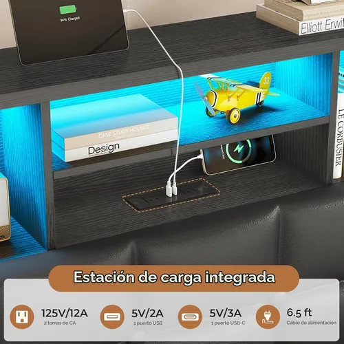 Vista 4 de VIAGDO Base de cama flotante tamaño Twin con cabecera y almacenamiento, base de cama tapizada de plataforma Twin con estación de carga USB y Tipo C