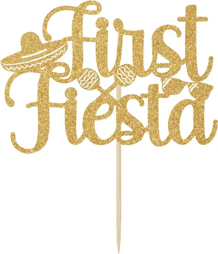 Vista 2 de Decoración para tartas de primera fiesta con purpurina dorada, Uno/Taco Bout One, temática mexicana para el primer cumpleaños del bebé, suministros