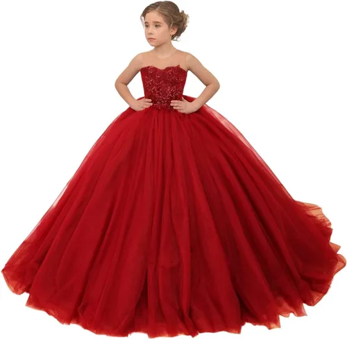 Vista 14 de Precioso vestido de niña de flores de tul para niños de boda con cuentas princesa sin mangas vestidos de baile