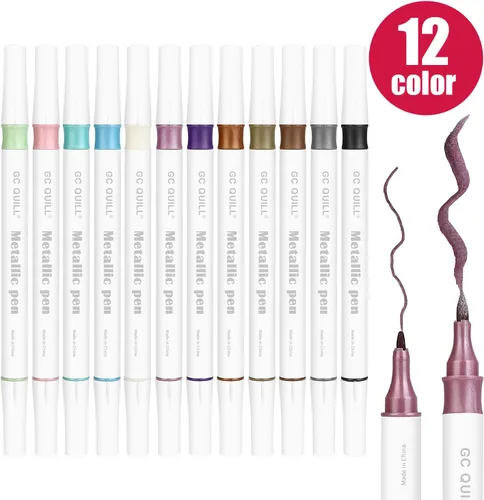 Vista 3 de Rotuladores metálicos de 12 colores – Brocha de doble punta y bolígrafos de punta fina para álbum de bricolaje, tarjetas negras, álbumes