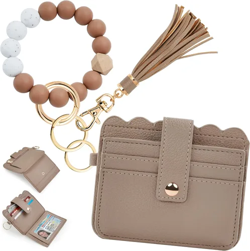 Vista 32 de Cartera de pulsera para mujer con llavero – Tarjetero RFID pequeña cartera con llavero Beige