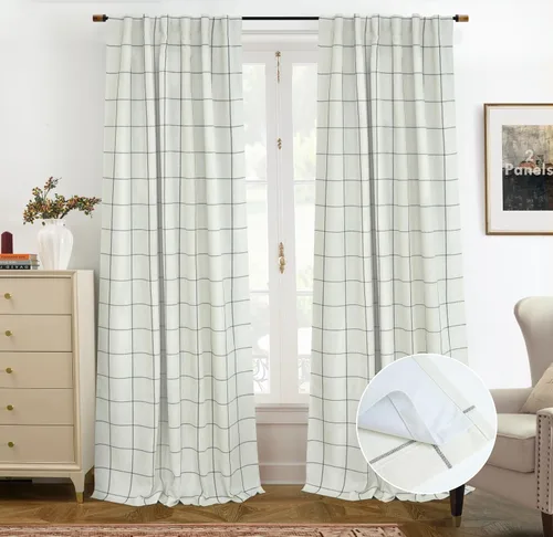 Vista 42 de DriftAway 2 paneles cortinas de lino a cuadros 100% opacas de doble capa cortinas para dormitorio de 96 pulgadas de largo estilo granja con Gris