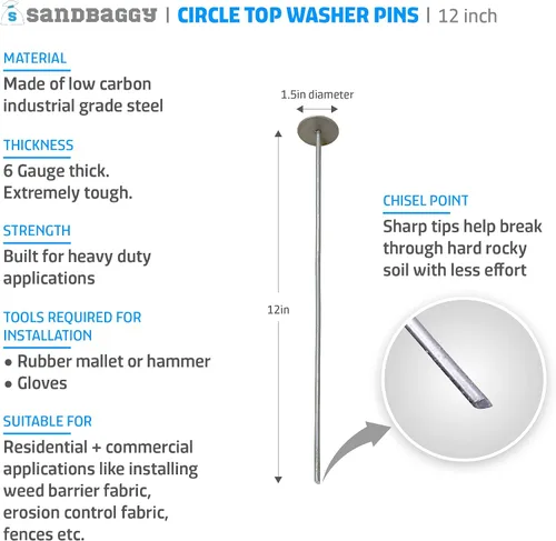 Vista 4 de Sandbaggy Pasadores superiores circulares de 12 pulgadas, fabricados en Estados Unidos, acero de calibre 6 de grado industrial, ideal para suelos