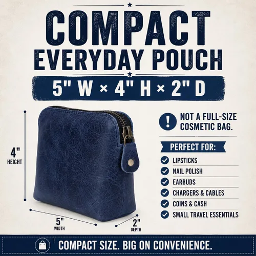 Vista 2 de Bolsas de Cosméticos de Cuero Azul Para Mujeres Juego de Viaje – Monedero con Cremallera Hecho a Mano Juego de Bolsas de Maquillaje Azul Pequeñas