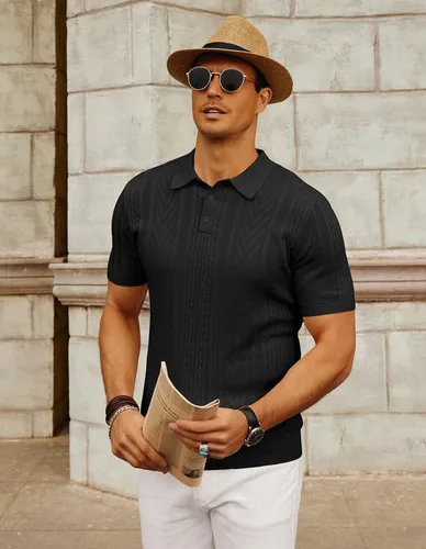 Vista 3 de PJ PAUL JONES Polo de punto para hombre, camisa de manga corta con textura de punto, camisetas de golf para hombre