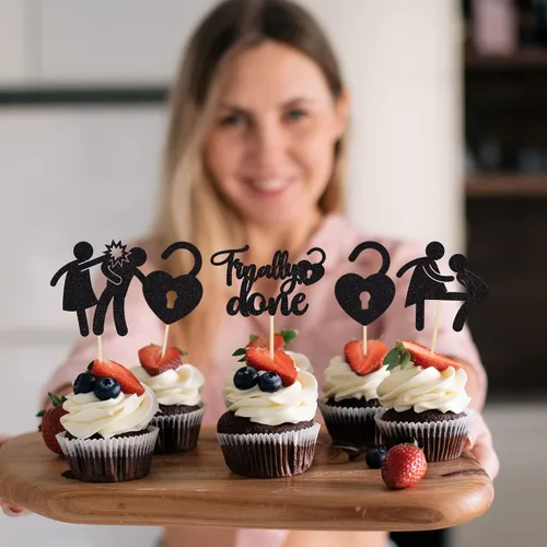 Vista 5 de Gyufise Paquete de 24 adornos negros con purpurina para cupcakes Boy Bye Finally Done para cupcakes, decoraciones para divorcio, ruptura, fiesta