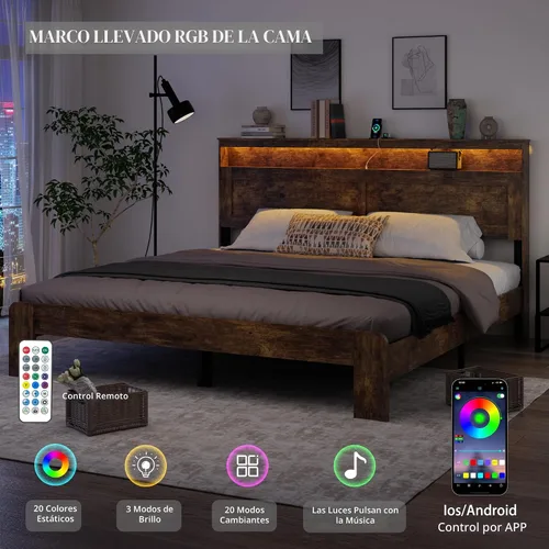Vista 7 de Armazón de cama de madera tamaño King con cabecero - Plataforma de cama rústica estilo granja con soporte de listones de metal, resistente y sin