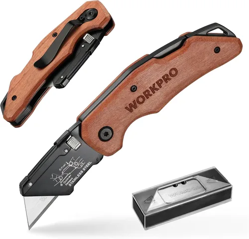 Vista 9 de WORKPRO Cuchillo utilitario plegable con cabeza de acero inoxidable, hoja de cambio rápido y bloqueo trasero, mango de madera resistente, 1 cuchillo