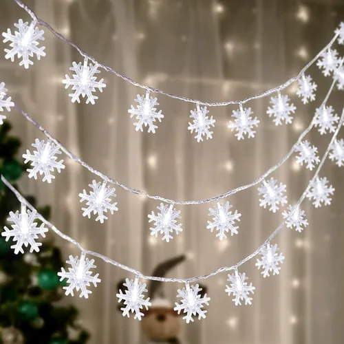Vista 2 de 2 piezas de 100 luces LED de copo de nieve para colgar decoraciones, Decoración iluminada de invierno para vacaciones, Navidad, suministros