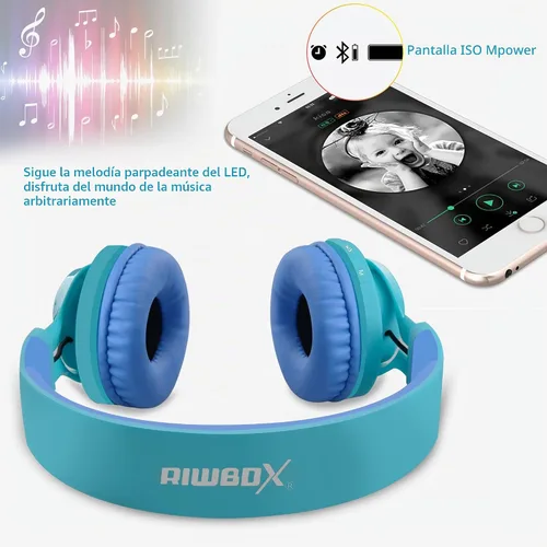 Vista 4 de Riwbox WT-7S audífonos estéreo plegables con Bluetooth y luces, inalámbricos, con micrófono y control de volumen para computadora, teléfonos Azul