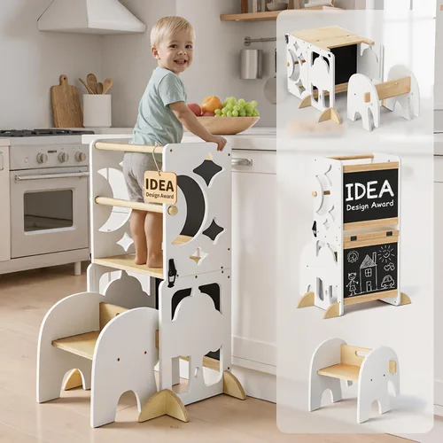 Vista 11 de COSYLAND - Taburete de cocina 4 en 1 para niños pequeños Elefante gris y natural