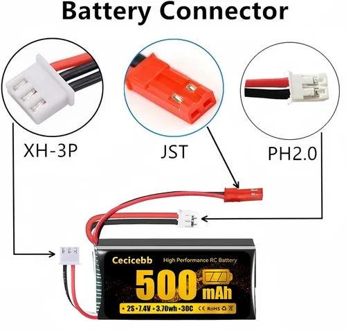 Vista 3 de Batería Lipo de 7.4 V 2S 30C 500mAh recargable RC Lipo con JST y PH2.0 enchufe para Axial SCX24 RC Car y 1/10, 1/16, 1/18, 1/24 RC Cars Vehículos