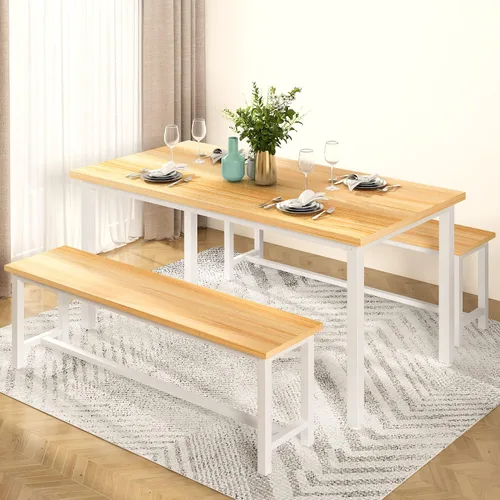 Vista 3 de DKLGG Juego de mesa de comedor para 4, mesa de cocina de 47.2 pulgadas con 2 bancos, juego de mesa de comedor de granja de 3 piezas, comedor que