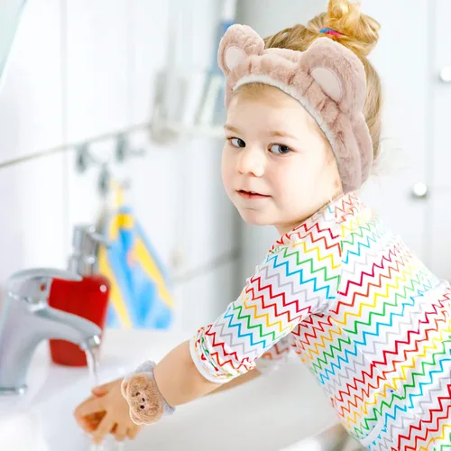 Vista 5 de WHAVEL Juego de 3 bandas para el cabello, diadema de spa y pulsera con lindas orejas de oso, bandas de lavado facial para mujeres y niñas (café 01)