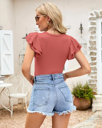 Vista 4 de Body de manga corta con volantes para mujer, ajustado, cuello redondo, acanalado, leotardo