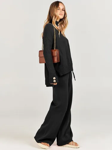 Vista 4 de ANRABESS Conjunto de 2 piezas para mujer, suéter de punto de manga larga, pantalón de pierna ancha, ropa de descanso, moda 2025