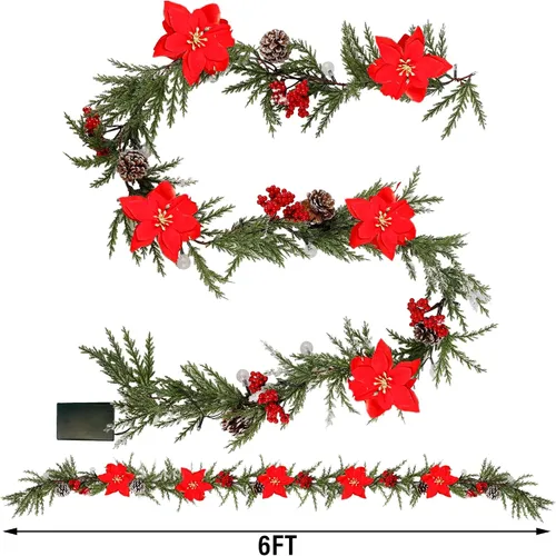 Vista 2 de DR.DUDU Guirnalda de Navidad artificial preiluminada de 6 pies con 20 luces LED, funciona con pilas con piñas, bayas rojas, agujas de pino, corona