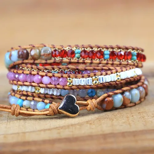Vista 3 de ZOSOJONA Pulsera envolvente para mujer, estilo bohemio, con cuentas de cristal de jaspe natural, Cuero, Ágata