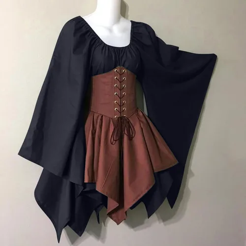 Vista 6 de SHOPESSA Disfraz medieval renacentista para mujer, vestido de corsé pirata, manga acampanada, vestido corto irlandés tradicional