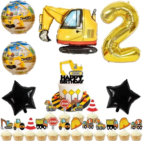 Vista 5 de Globos de construcción para fiesta de 2º cumpleaños, globos de construcción para decoración de cumpleaños de 2 años, globo de aluminio de excavadora