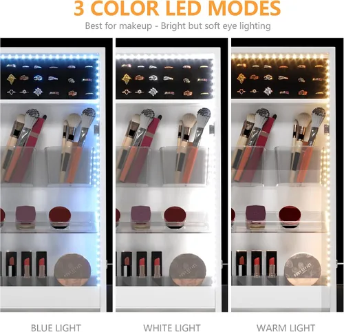 Vista 6 de LVSOMT Armario de joyería independiente con 3 LED con espejo de longitud completa, organizador de armario de joyería con cerradura, espejo grande