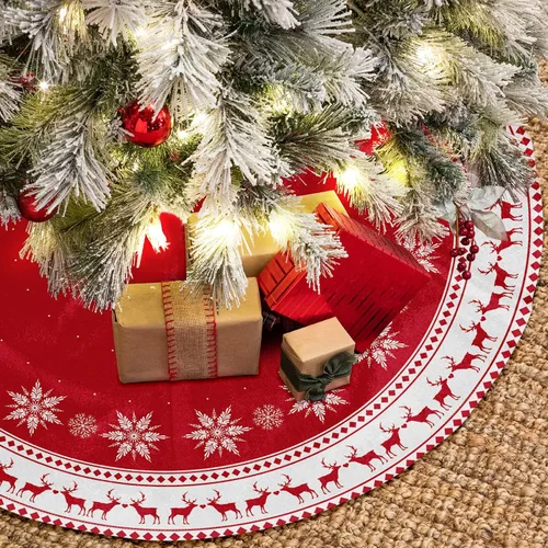 Vista 5 de Lukisesy Falda de Árbol de Navidad de 48 Pulgadas, Falda Grande de Árbol de Navidad con Copos de Nieve y Reno, Falda Rústica de Árbol de Navidad
