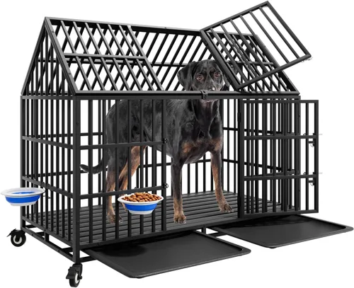 Vista 10 de Jaula indestructible para perros de 44 pulgadas, resistente y de alta ansiedad, a prueba de golpes, jaula de techo puntiaguda de metal para perros