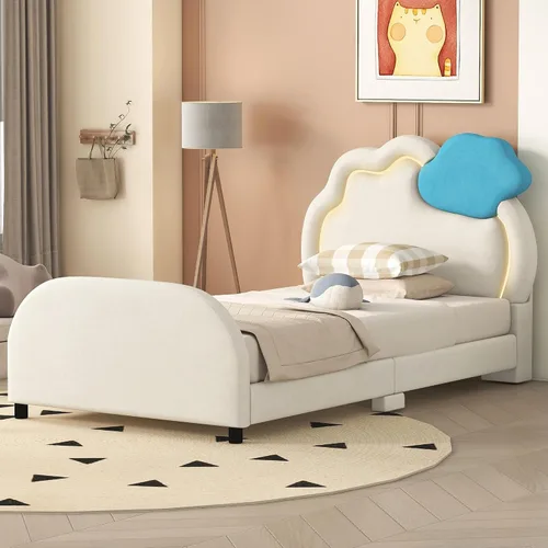 Vista 14 de Cama de plataforma tapizada de tamaño individual con cabecero en forma de oso y rayas de luz incrustadas, bonito marco de cama de plataforma