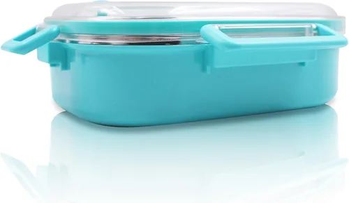 Vista 9 de Finex Caja Bento reutilizable azul de acero inoxidable con 2 compartimentos para alimentos con tapa transparente y cuchara - Princesa
