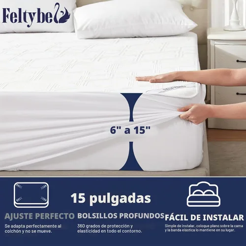 Vista 4 de FELTYBED - Protector de colchón impermeable tamaño individual, funda de cama de tela de aire 3D suave y transpirable, funda de colchón con bolsillo