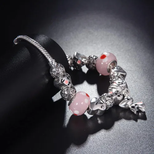 Vista 4 de Muerdou - Pulsera con dijes de mariposa y flor y cuentas de cristal de Murano para niñas y mujeres