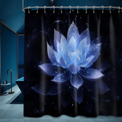 Vista 28 de Cortina de ducha con flores de loto negro y azul para decoración de baño, juego de cortinas decorativas de baño con estampado floral, tela
