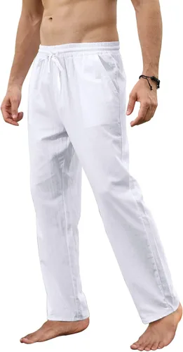 Vista 3 de MorwenVeo Pantalones de lino para hombre, pantalones largos casuales, holgados, ligeros, con cordón, para yoga, playa, pantalones casuales - 6
