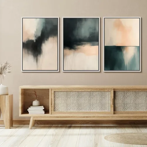 Vista 348 de SIGNFORD - Set de obras de arte en lienzo enmarcado para pared, ilustraciones abstractas de neblina del desierto en tonos neutros beige y marrón