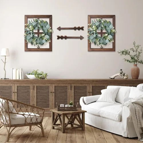 Vista 6 de Marco de ventana de madera rústica con corona verde y flechas para decoración de pared, marco de ventana estilo granja colgante, decoración falsa