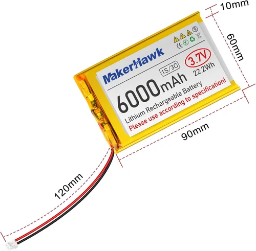 Vista 6 de MakerHawk Batería LiPo de 3.7V 6000mAh recargable 1S 3C 906090 Batería de polímero de litio con placa de protección, cinta de goma aislada, enchufe