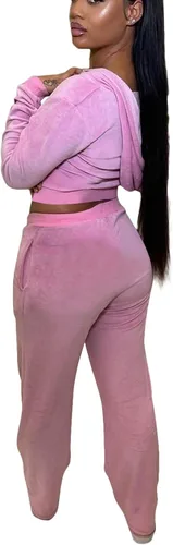 Vista 3 de Pivanzore Conjunto sexy de terciopelo para mujer, sudadera de manga larga con capucha y pantalones largos con cordón, conjunto de ropa de descanso