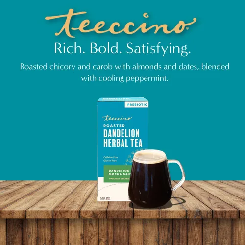 Vista 6 de Teeccino Té de menta moca con diente de león, sin cafeína, té de hierbas tostadas con prebióticos, 3 veces más hierbas que las bolsas de té