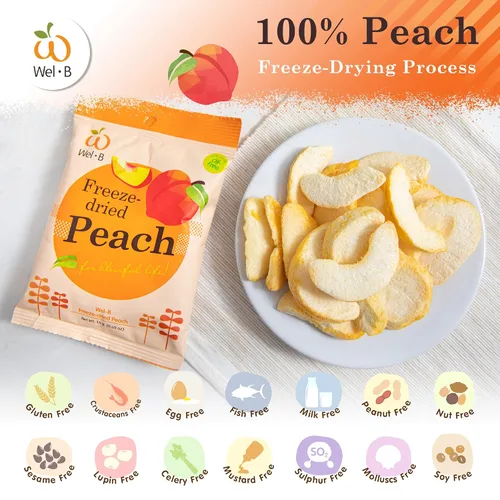 Vista 6 de Wel-B Bocadillos de frutas liofilizadas, melocotones frescos liofilizados para obtener una textura saludable y crujiente mientras conservan el sabor