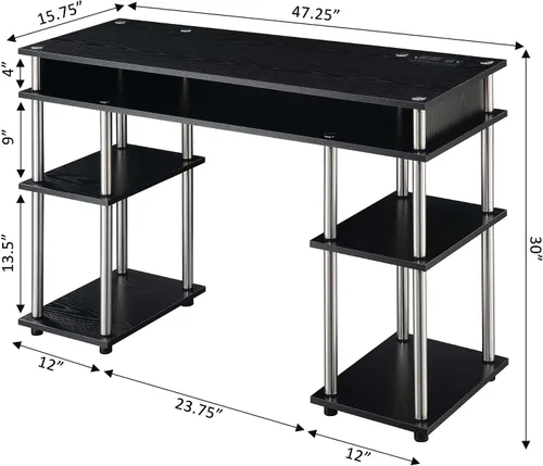 Vista 3 de Convenience Concepts Designs2Go No Tools - Escritorio para estudiantes con estación de carga y estantes, color negro