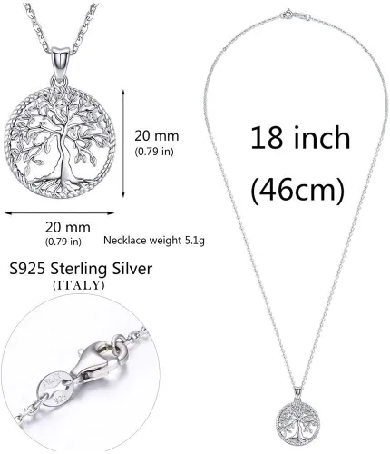 Vista 6 de Aniu Juego de collar y aretes de árbol de la vida, plata de ley S925, joyería con colgante de árbol para mujer, regalo de aniversario y cumpleaños