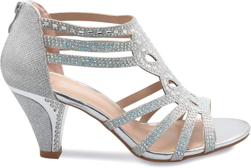 Vista 2 de Olivia K Sandalias de vestir con tiras de diamantes de imitación para mujer, tacón bajo, zapatos de boda con purpurina blanca, adorable, cómoda